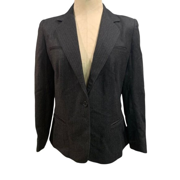 9/10 Dillon Women's Gray Pinstripe Wool Single Button Blazer 1990s Vintage - Picture 1 of 6